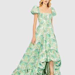 Floral Print Puff Sleeve High Low Brocade Gown