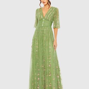 Floral V-Neck Ruffle Detail Empire Waist Gown