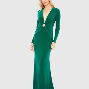 Gathered Pearl Long Sleeve Keyhole Gown