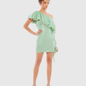One Shoulder Ruffled Sequin Mini Dress