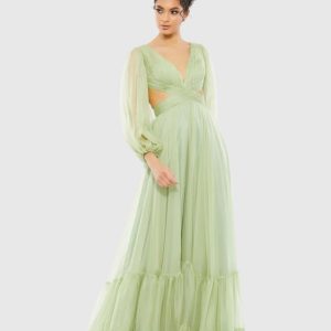 Pleated Cut Out Long Sleeve Lace Up Tiered Gown