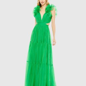 Ruffled Shoulder Cut Out Soft Tie Back Tiered Gown