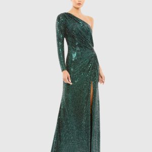 Green One Sleeve Draped Sequin Gown