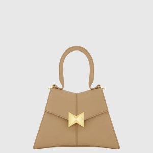 Brown Angular Small Leather Handbag With Gold Hardware