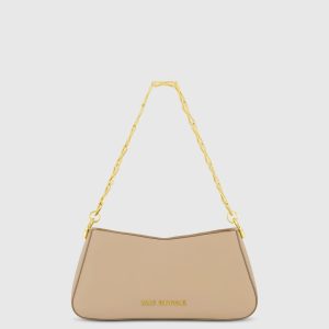 Beige Small Gold Strap Nappa Leather Shoulder Bag