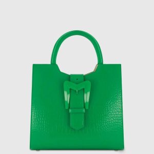 Buckled Medium Croco Leather Tote Bag with Detachable Strap