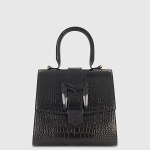 Black Buckled Medium Croco Leather Handbag with Detachable Strap