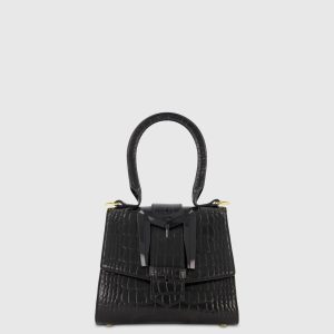 Buckled Mini Croco Leather Handbag with Detachable Strap