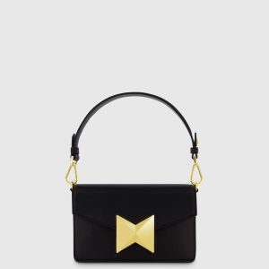 Black Mini Leather Shoulder Handbag With Gold Hardware