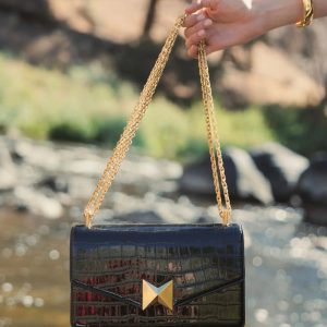 Black Crocodile Leather Shoulder Bag With Gold Hardware