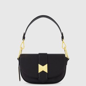 Black Grain Leather Saddle Bag With Gold Hardware
