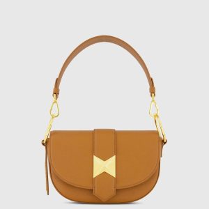 Brown Grain Leather Saddle Bag With Gold Hardware