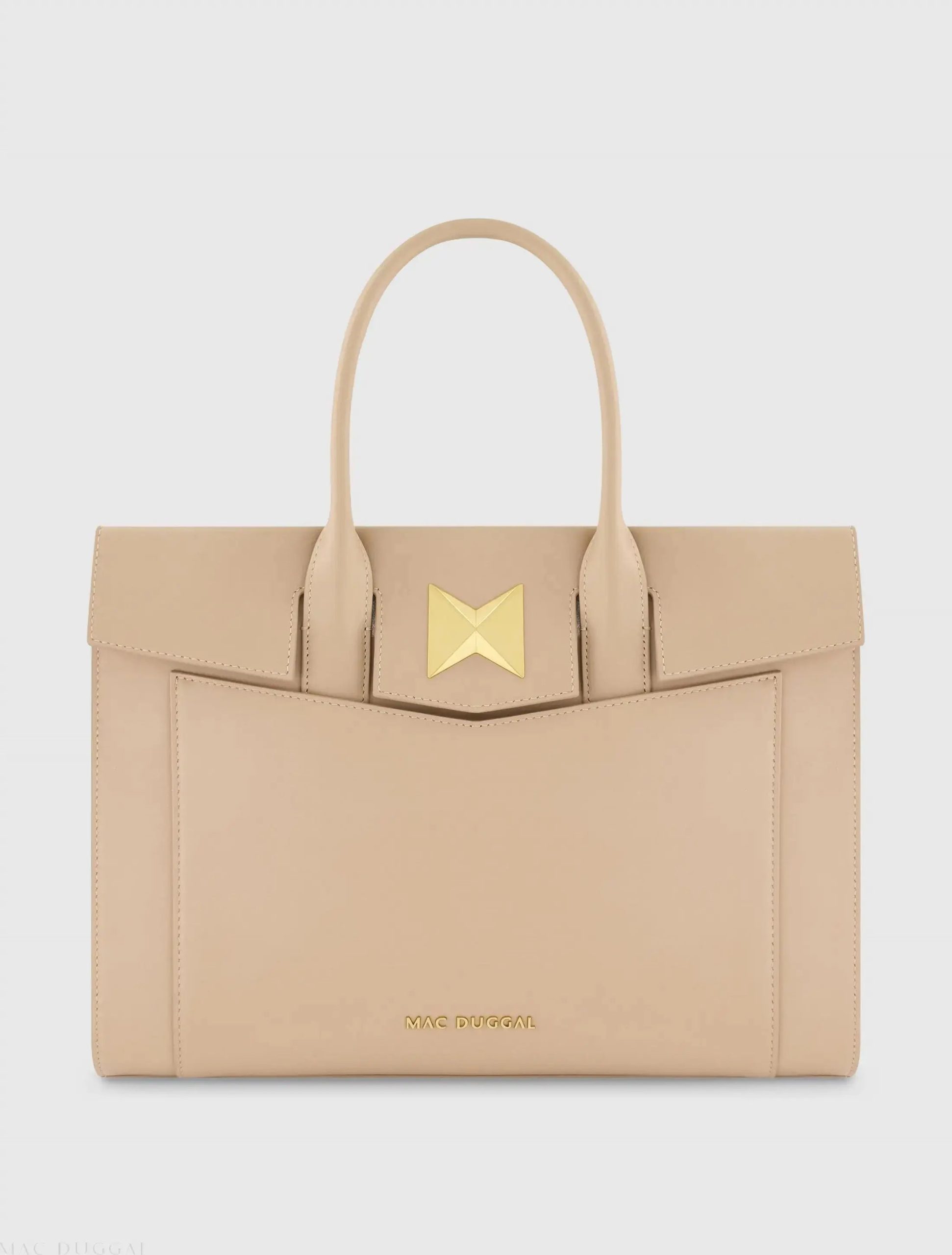 Beige Large Leather Briefcase Bag With Gold Hardware - Image 2