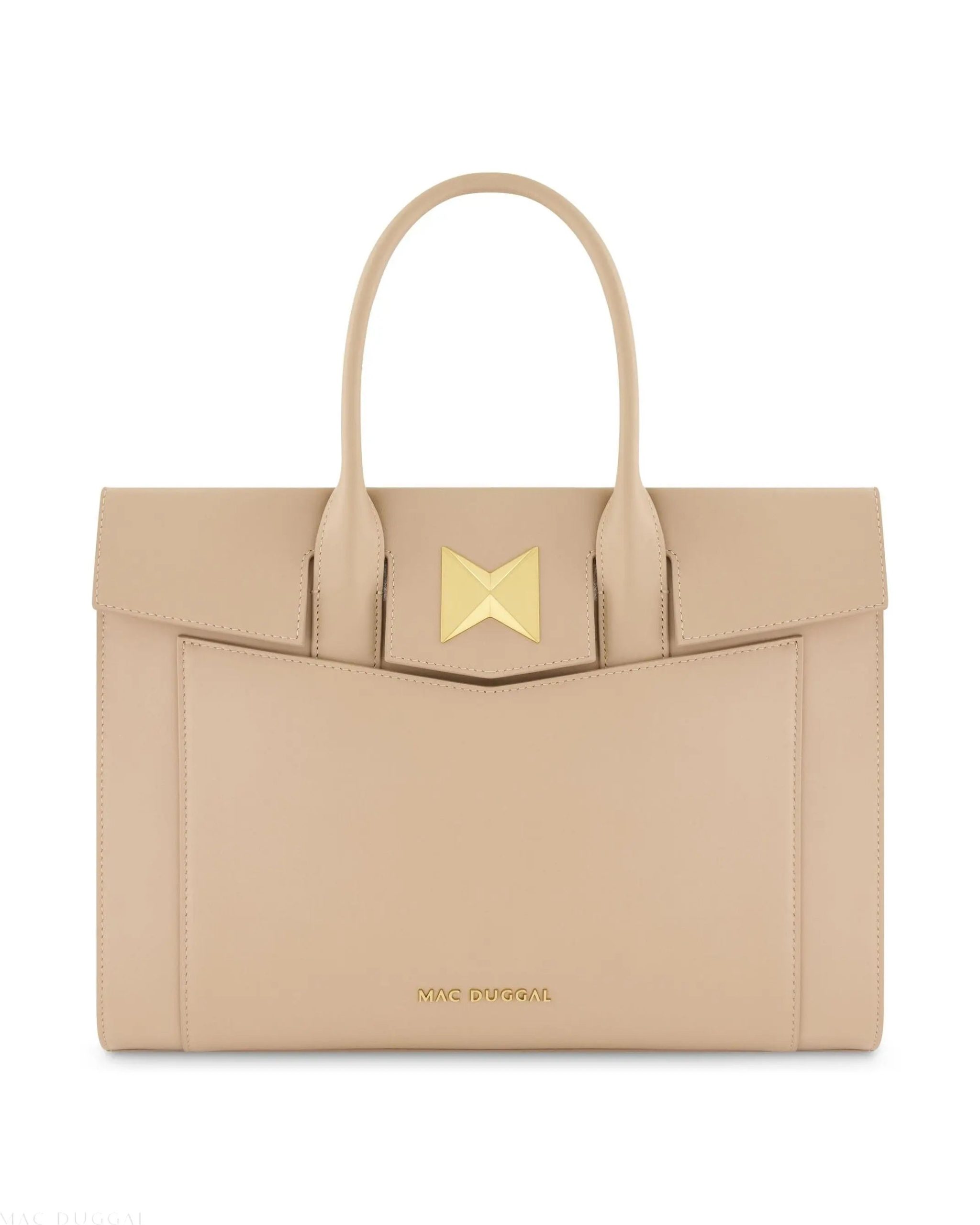 Beige Large Leather Briefcase Bag With Gold Hardware - Image 6