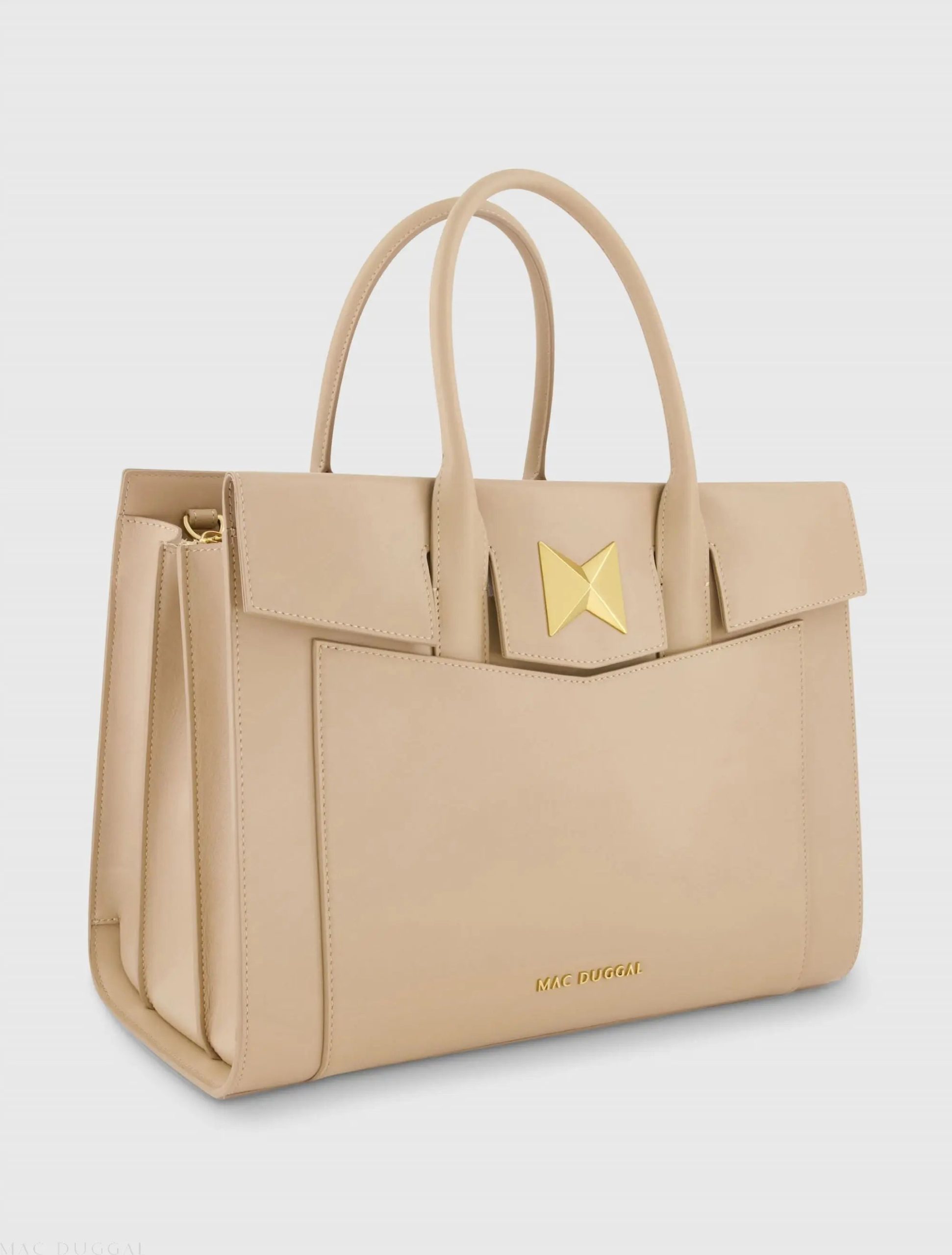 Beige Large Leather Briefcase Bag With Gold Hardware - Image 3