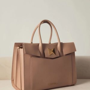 Beige Large Leather Briefcase Bag With Gold Hardware