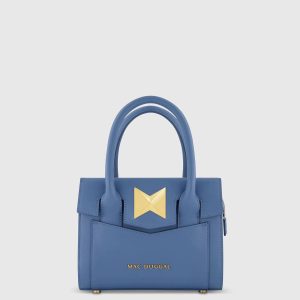 Blue Small Leather Tote Bag With Gold Hardware