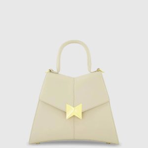 White Medium Angular Leather Handbag With Gold Hardware