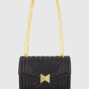 Black Quilted Napa Leather Handbag With Gold Chain