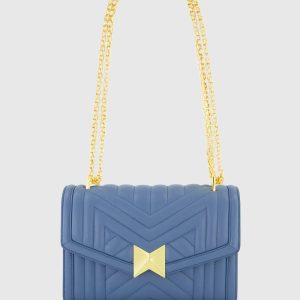 Blue Quilted Napa Leather Handbag With Gold Chain