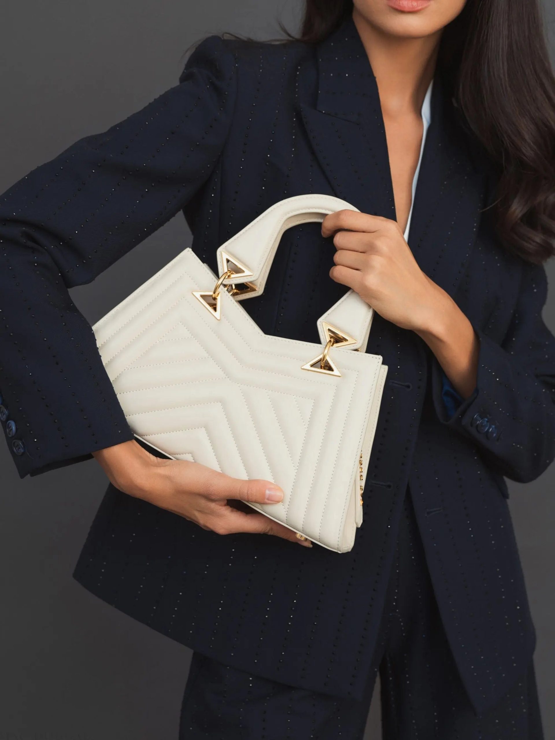White Quilted Napa Leather Angular Handbag - Image 5
