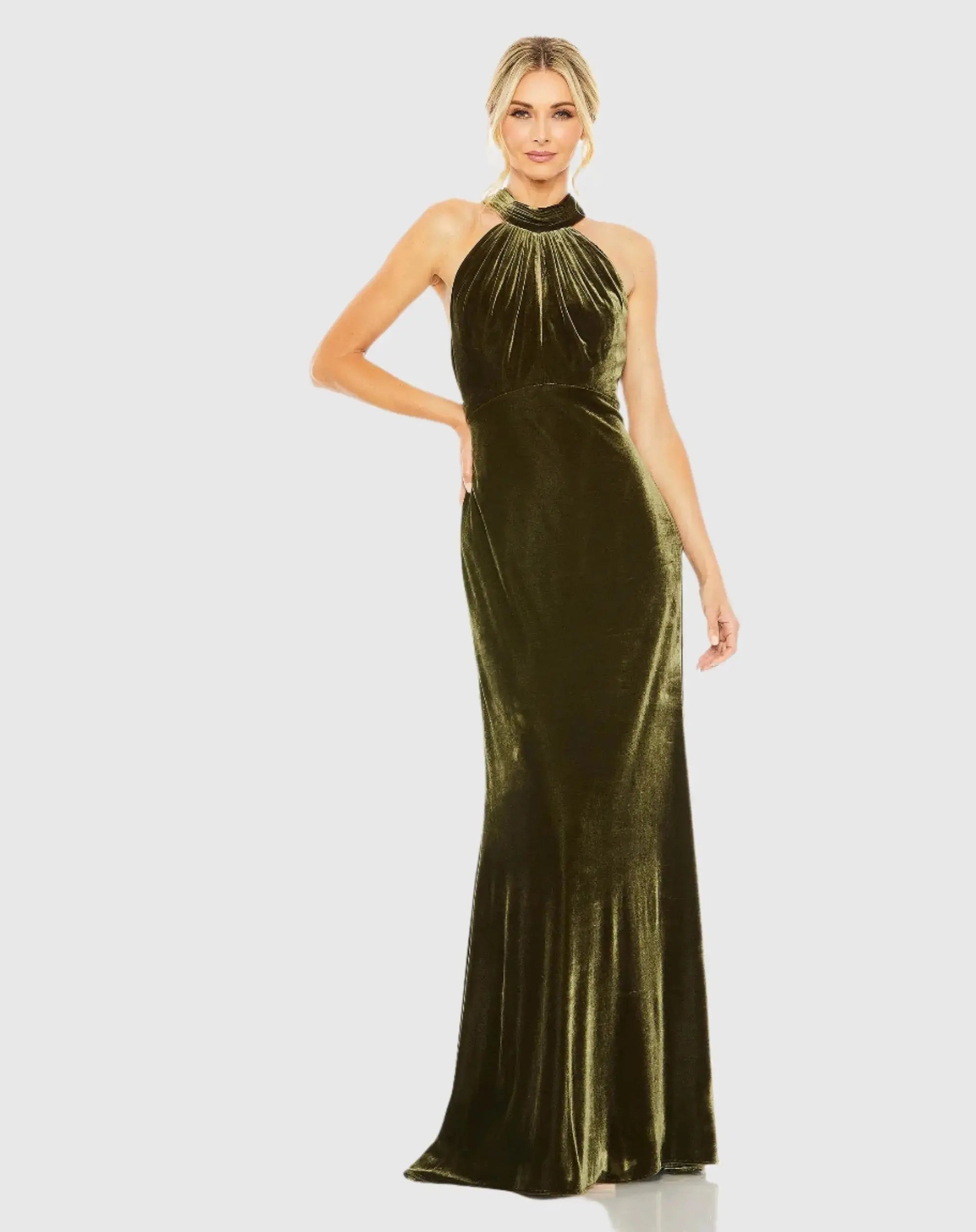 Halter Tie Front Slit Velvet Column Gown - Image 2