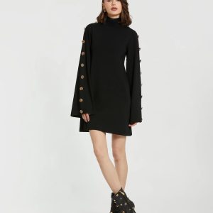 Black Long Sleeve Mini Knit Dress With Sleeve Detail