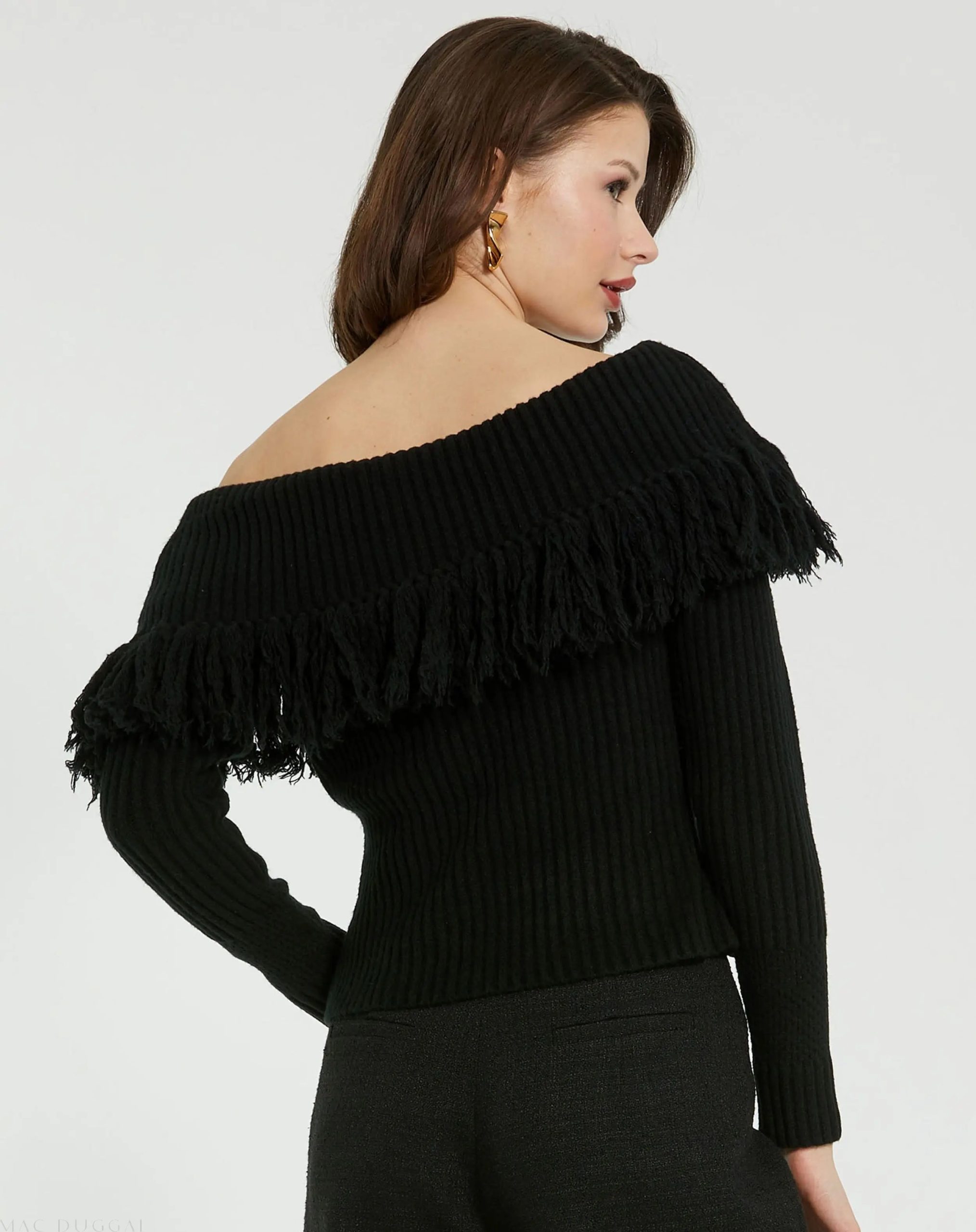 Black Off The Shoulder Fringe Knit Sweater - Image 3