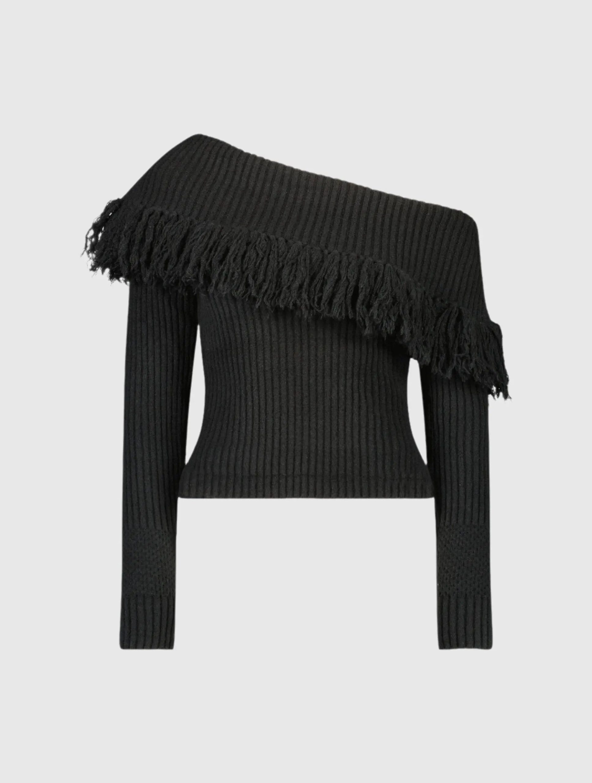 Black Off The Shoulder Fringe Knit Sweater - Image 2