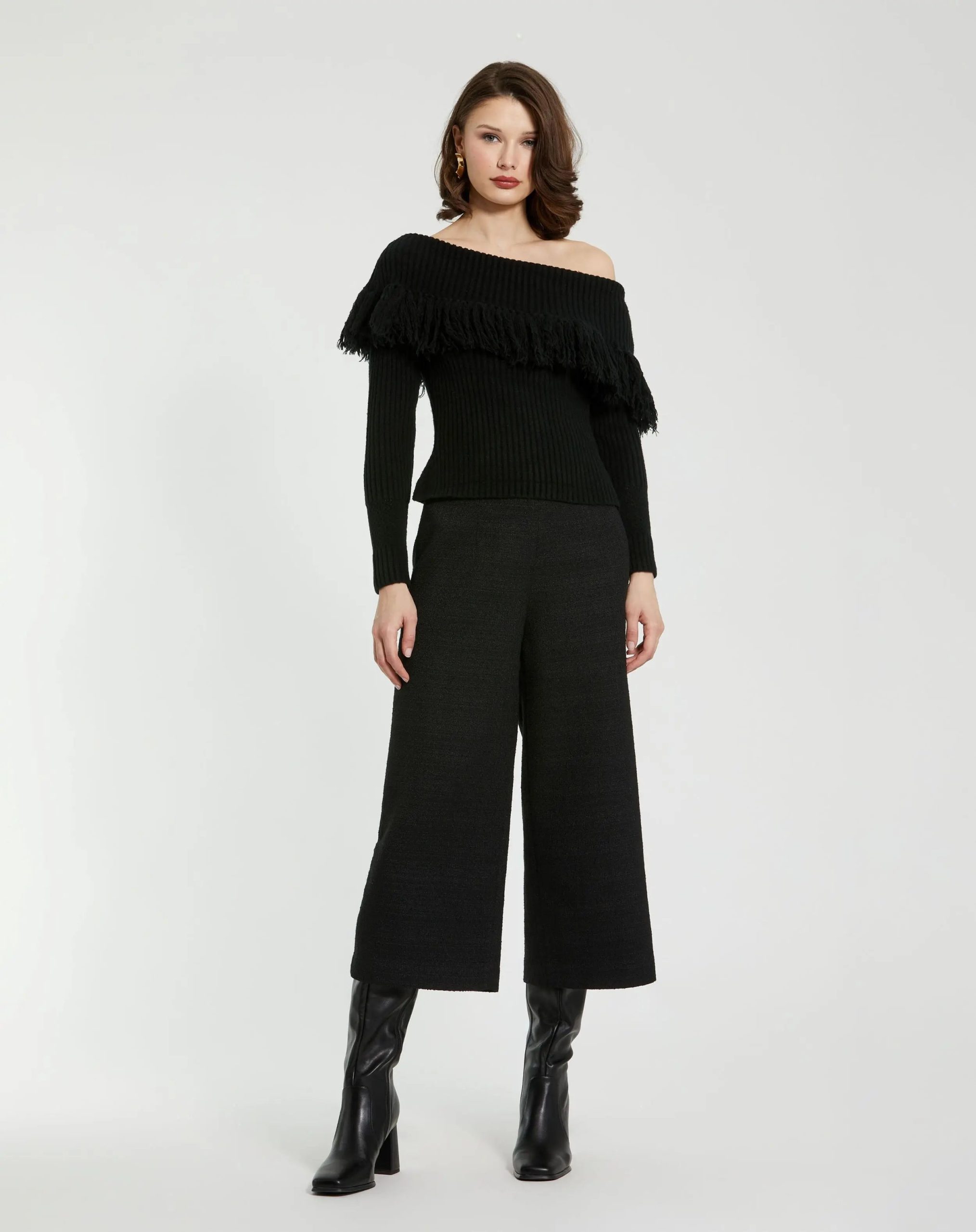 Black Off The Shoulder Fringe Knit Sweater - Image 4