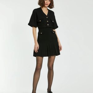 Black Short Sleeve Gold Button Front Crochet Knit Dress with Pleated Hem