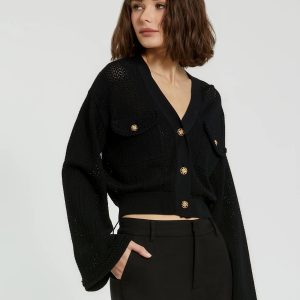 Black Crochet Knit Flare Long Sleeve Gold Button Cropped Cardigan