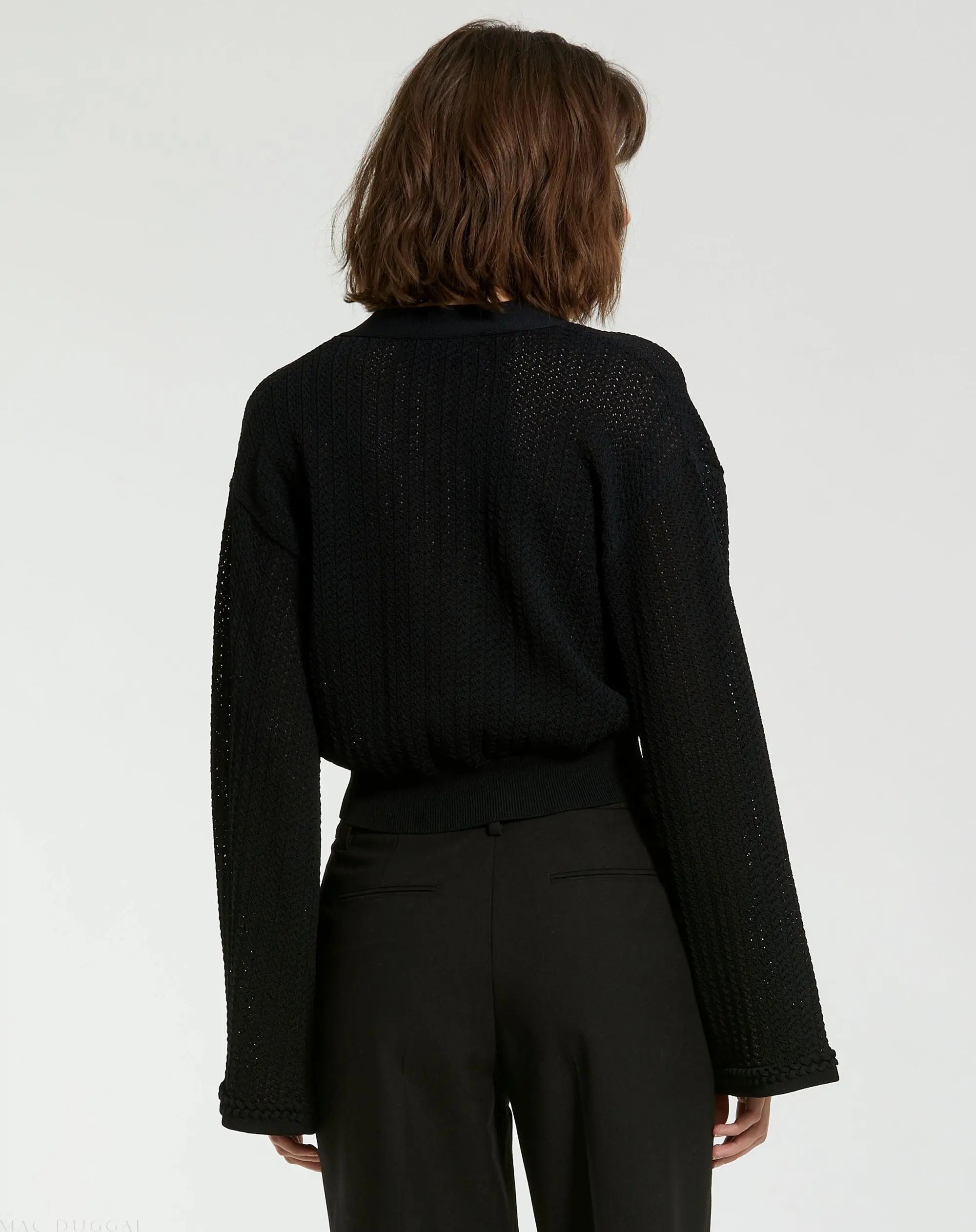 Black Crochet Knit Flare Long Sleeve Gold Button Cropped Cardigan - Image 3