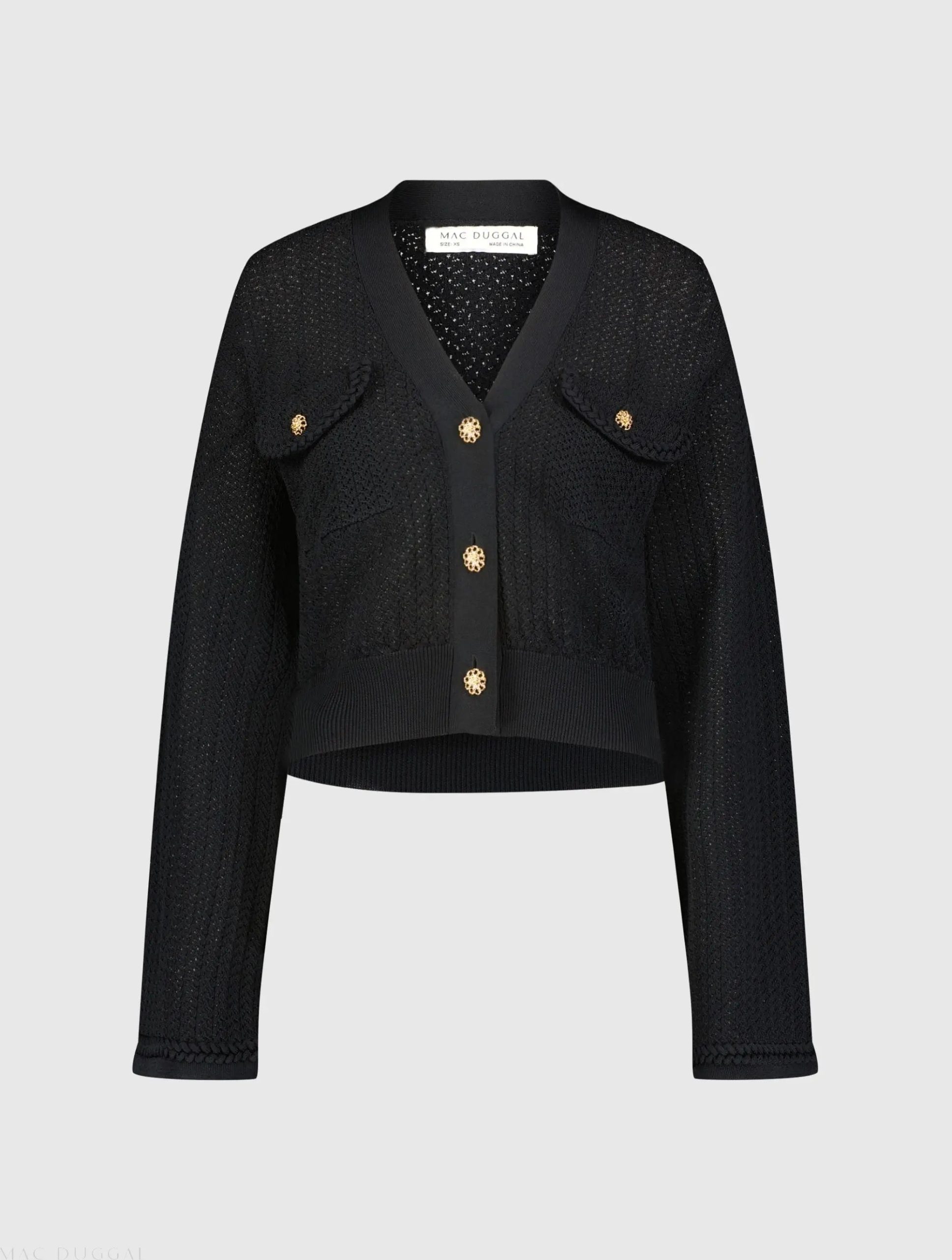 Black Crochet Knit Flare Long Sleeve Gold Button Cropped Cardigan - Image 2