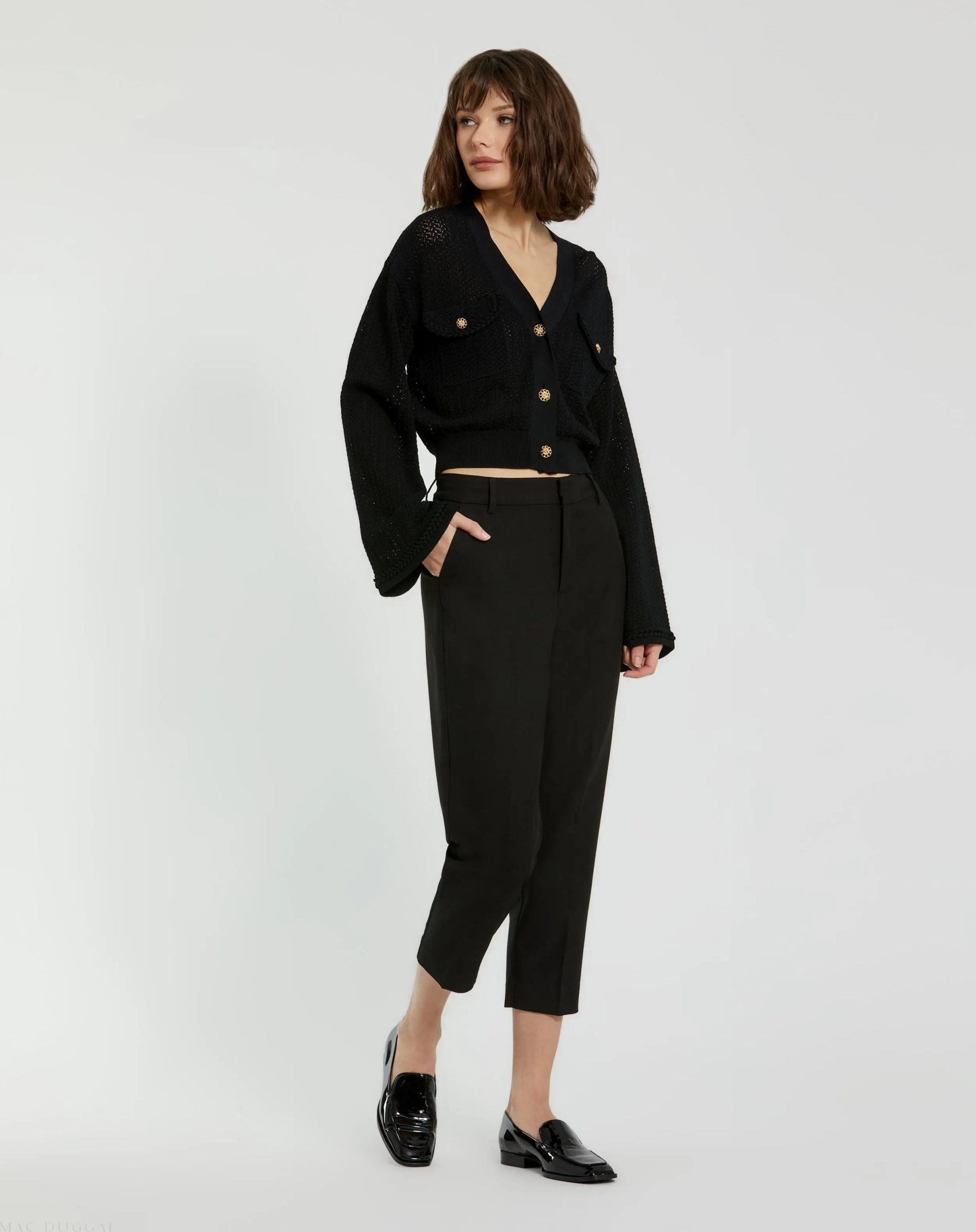 Black Crochet Knit Flare Long Sleeve Gold Button Cropped Cardigan - Image 4