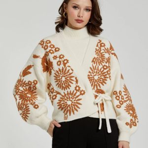 White Cropped Knit Cardigan With Floral Details