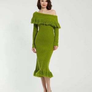 Green Off The Shoulder Fringe Long Sleeve Knit Dress - FINAL SALE