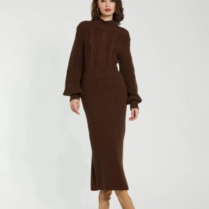 Brown Long Sleeve Turtle Neck Knit Midi Dress