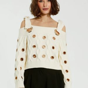 Ivory Chunky Knit Off The Shoulder Grommet Cropped Sweater - FINAL SALE