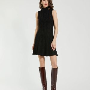Black Cable Knit Turtle Neck Sleeveless Mini Sweater Knit Dress