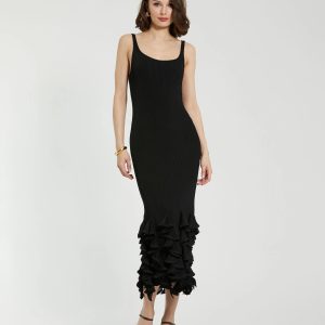 Black Rib Knit Sleeveless Midi Dress With Ruffle Hem - FINAL SALE