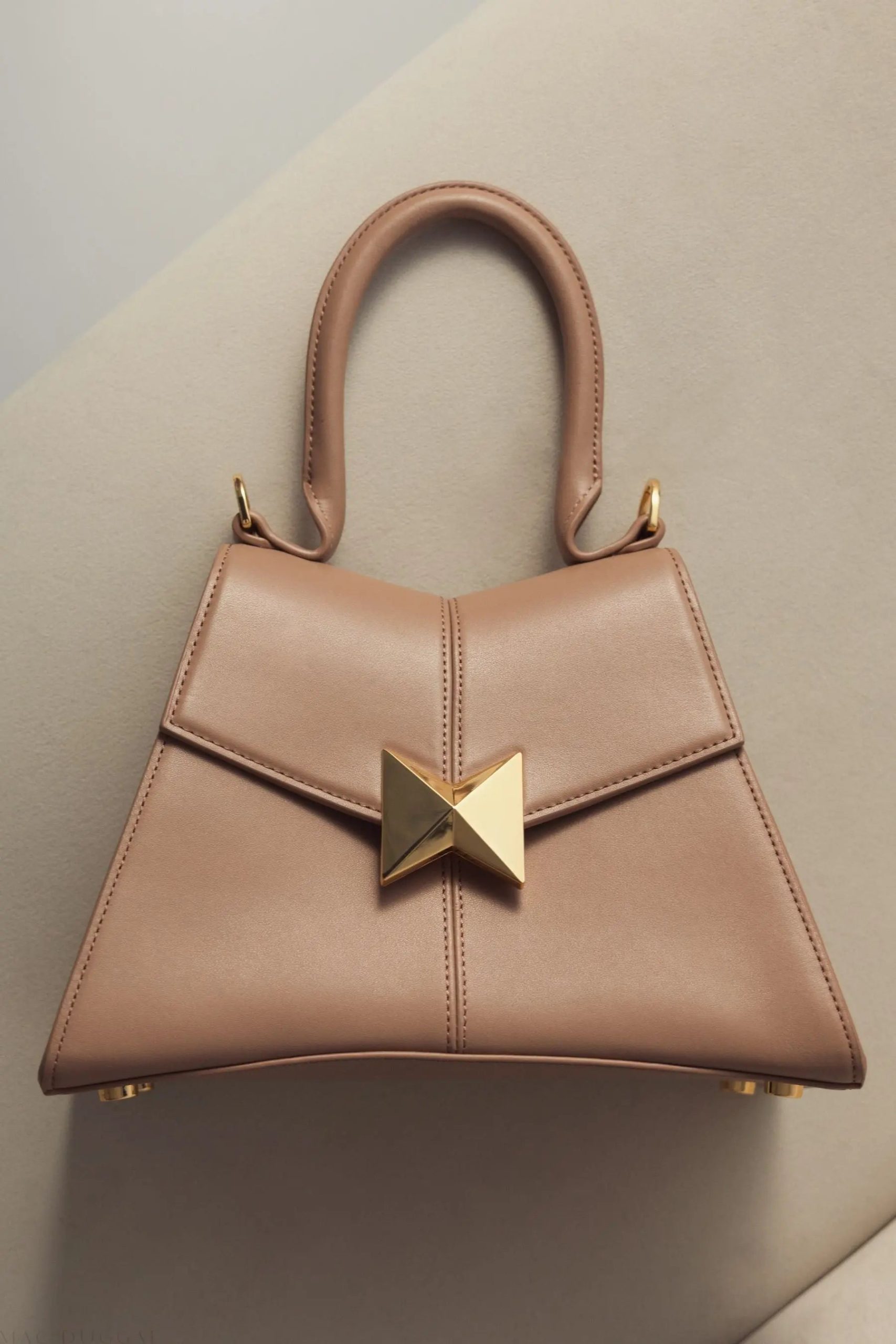 Brown Angular Small Leather Handbag With Gold Hardware - Image 8