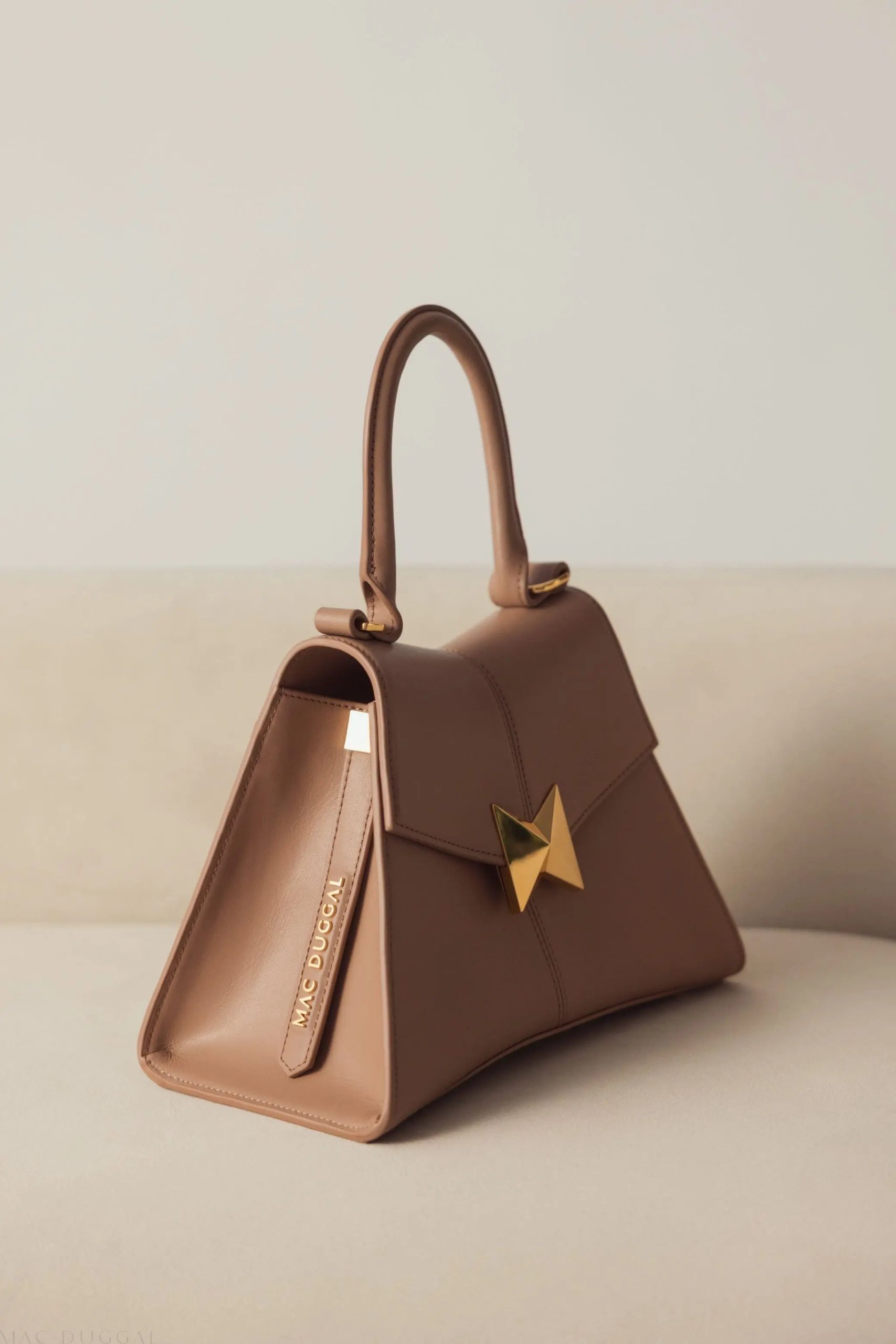 Brown Angular Small Leather Handbag With Gold Hardware - Image 7