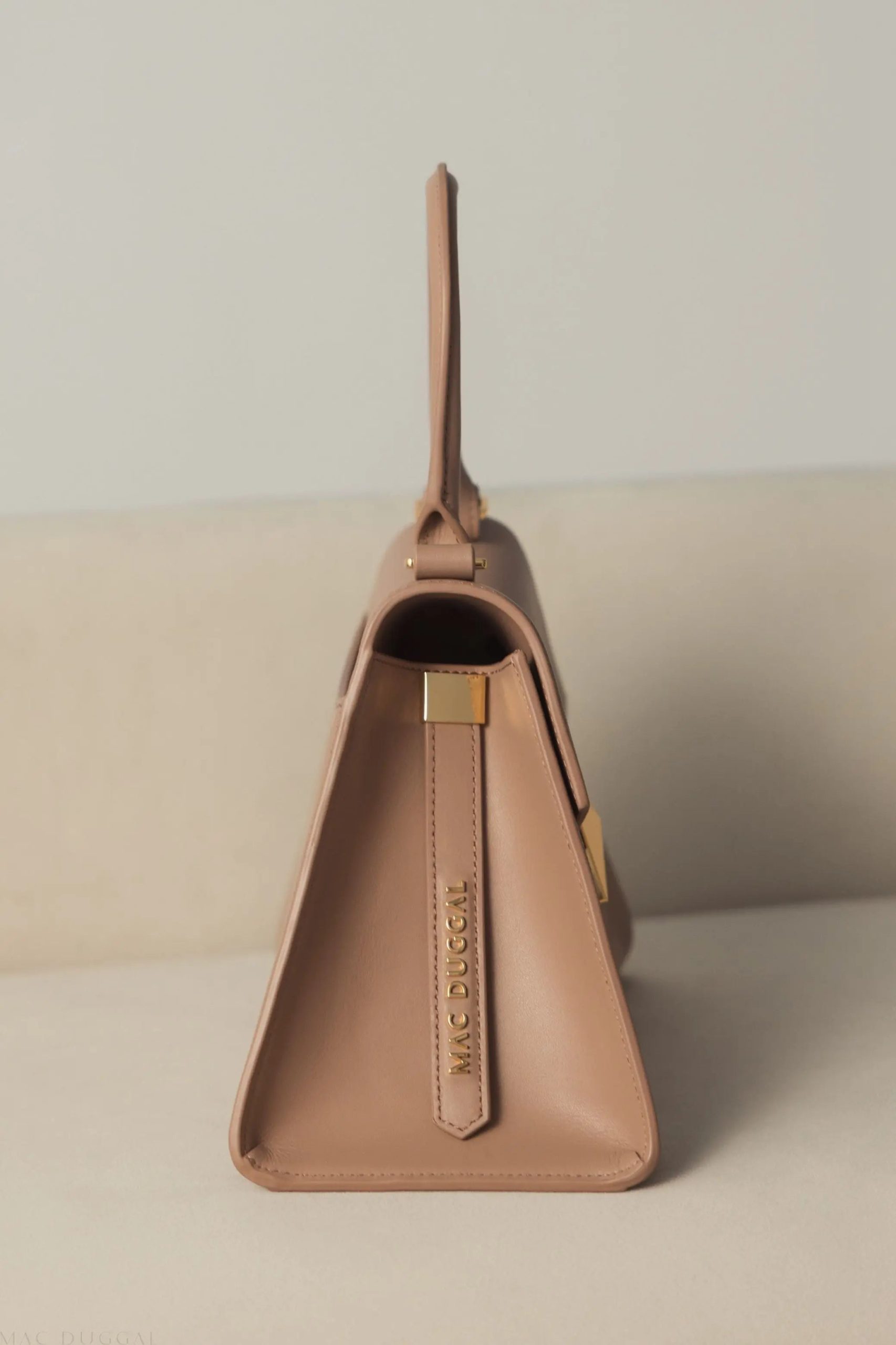 Brown Angular Small Leather Handbag With Gold Hardware - Image 9
