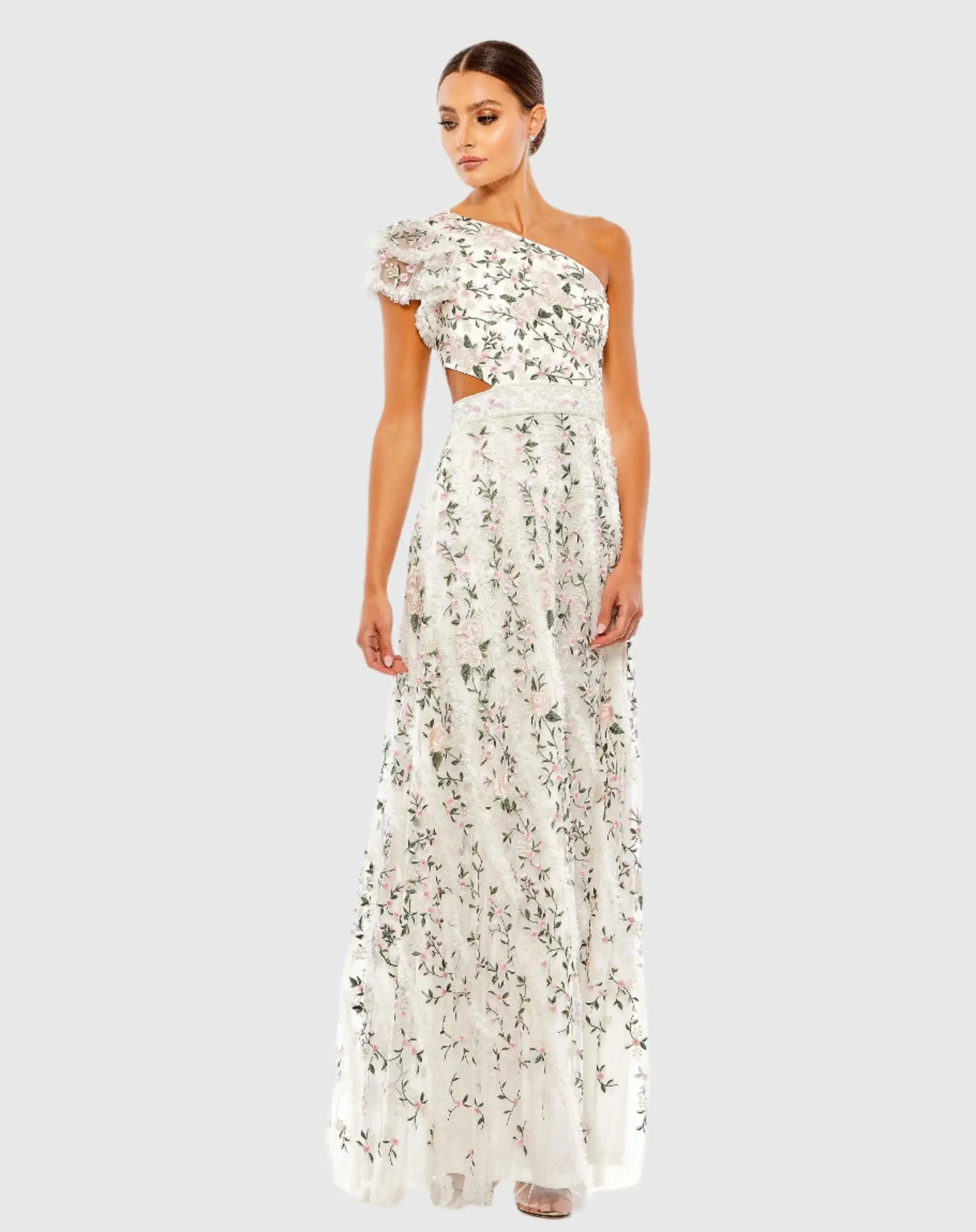 Multicolor Embroidered Ruffled One Shoulder Lace Up Gown - Image 2