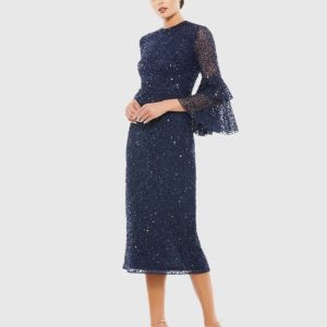 Fully Sequined Ruffle Tiered 3/4 Sleeve Midi Dress