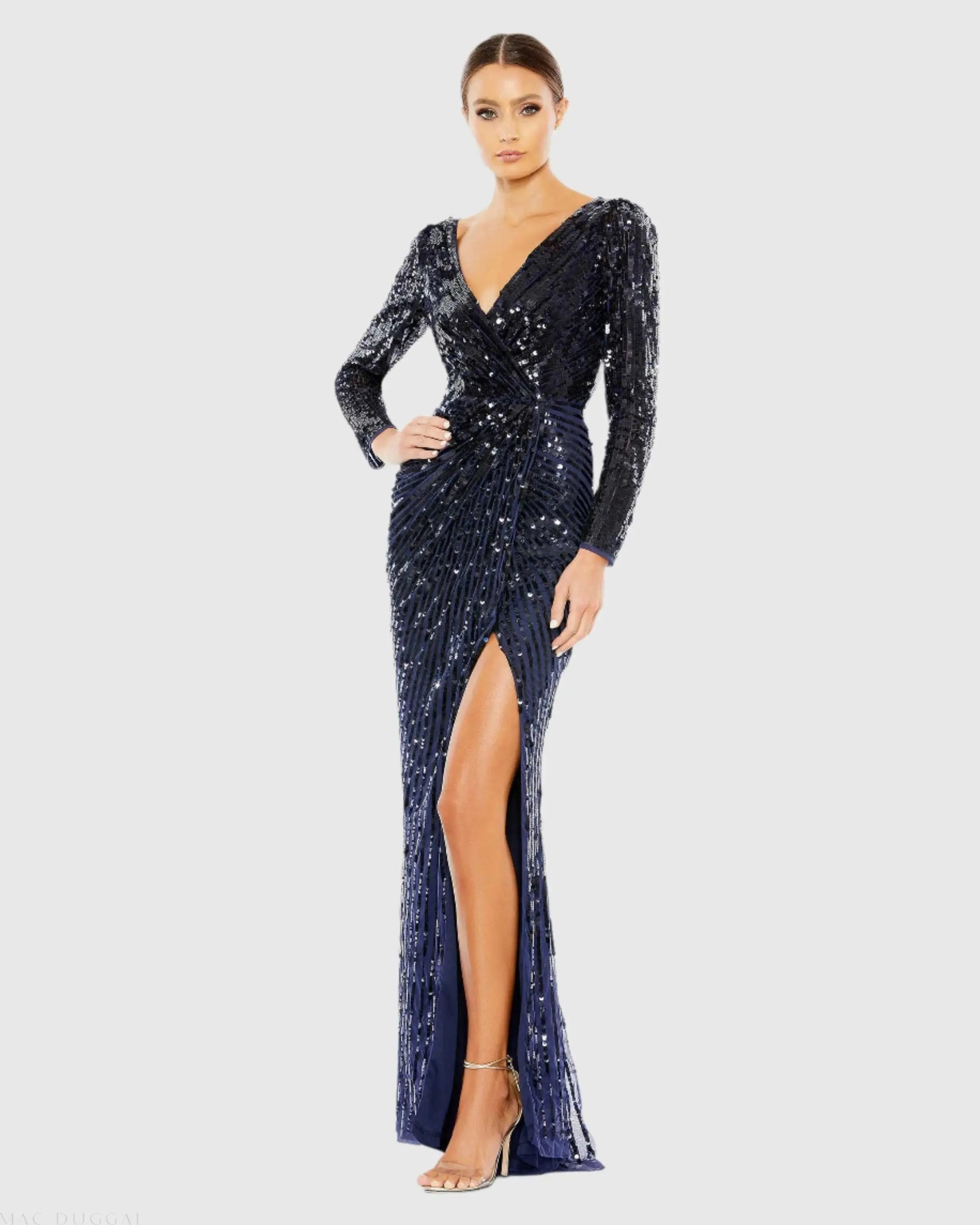 Sequined Faux Wrap Long Sleeve Gown - Image 2