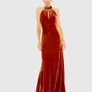 Orange Halter Tie Front Slit Velvet Column Gown