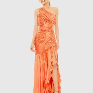 Orange Side Cut-Out One-Shoulder Pleated Gown