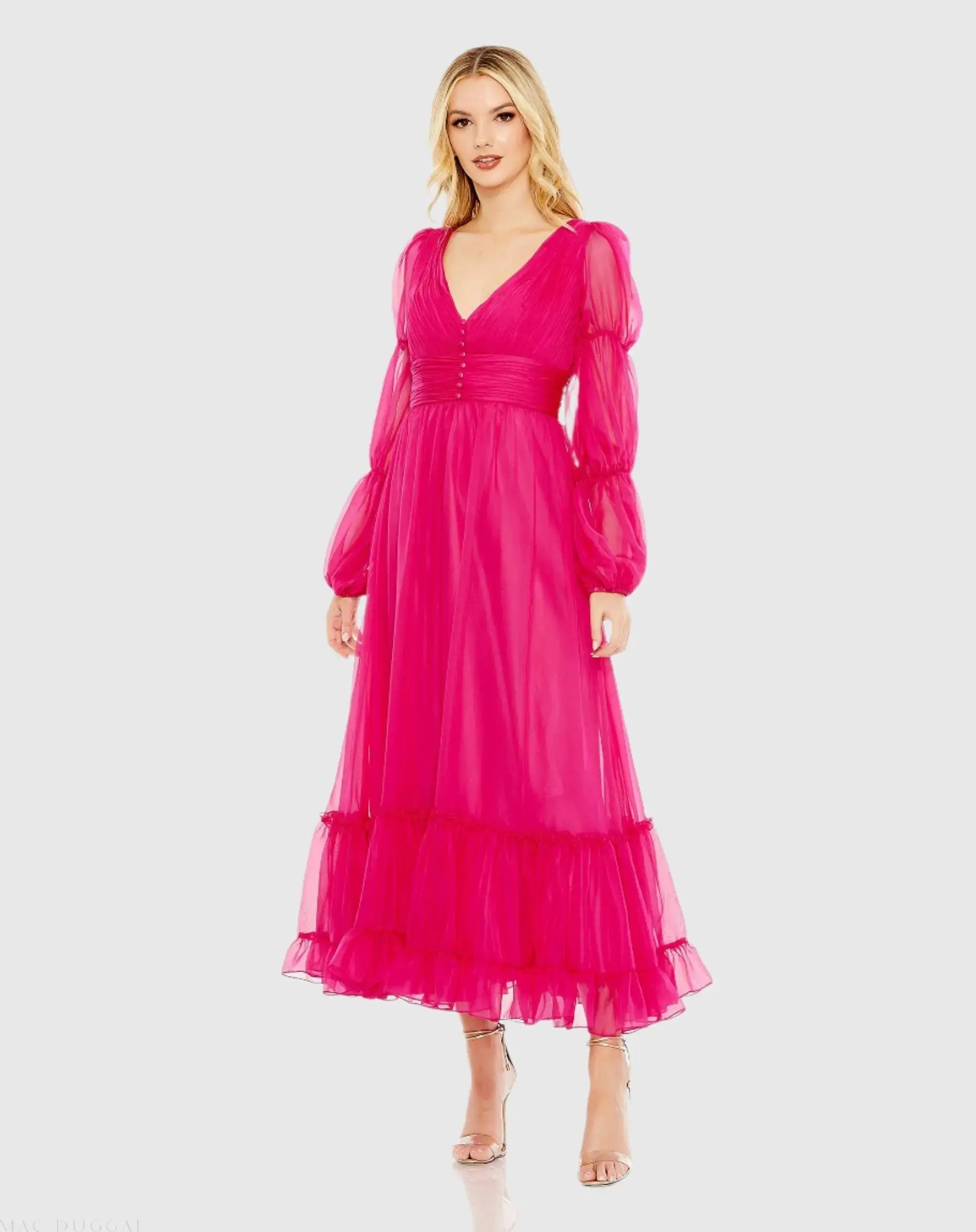 Chiffon Ruched Tiered Puff Sleeve A Line Dress - Image 2